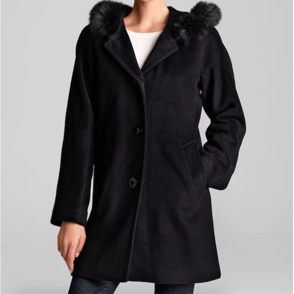 Ellen Tracy Wool Fox Fur Hooded Button Coat Jacket in Charcoal Size 24 - Picture 3 of 13